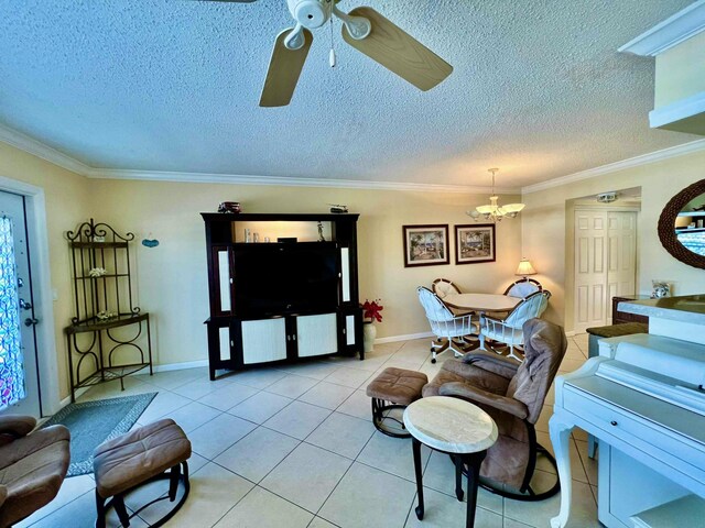 miscellaneous room with crown molding, sink, a textured ceiling, and light tile patterned floors