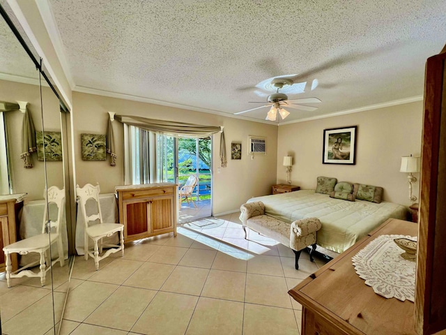 bedroom with crown molding, access to outside, ceiling fan, and light tile patterned flooring