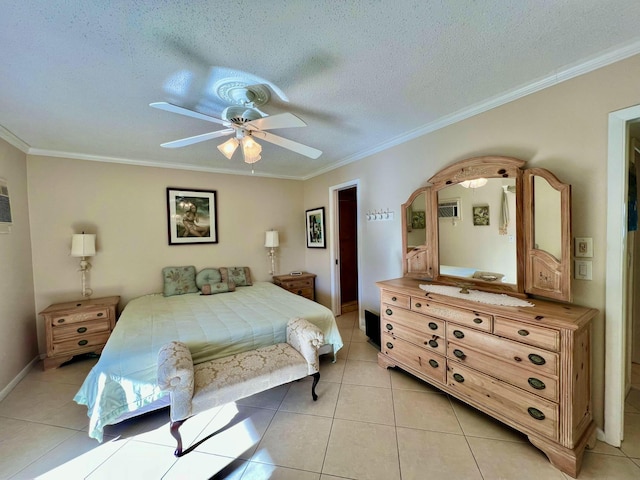 tiled bedroom with crown molding, ceiling fan, and a textured ceiling