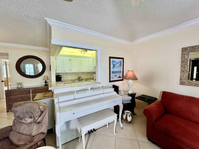 bedroom featuring crown molding, a textured ceiling, light tile patterned floors, a wall unit AC, and ceiling fan