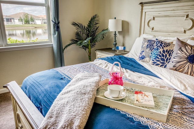 carpeted bedroom featuring a water view