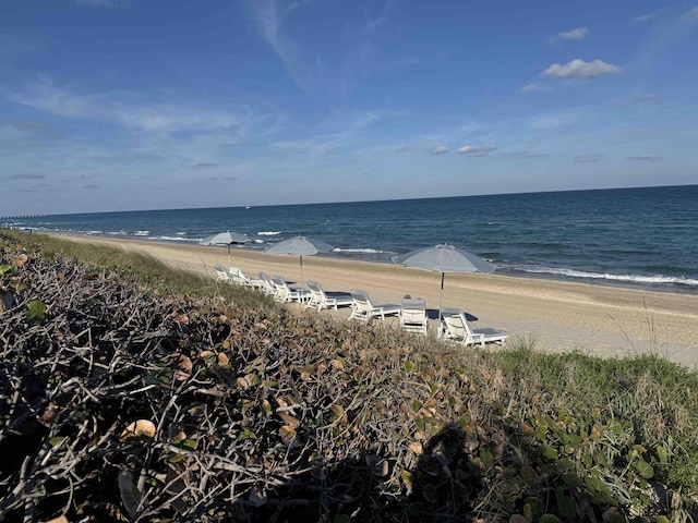 view of water feature with a beach view