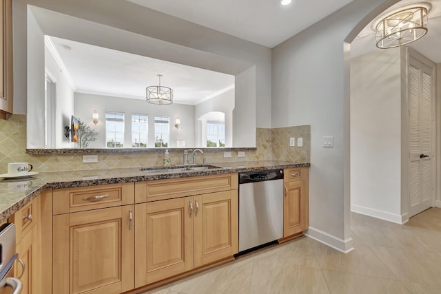 kitchen featuring tasteful backsplash, sink, crown molding, and dishwasher