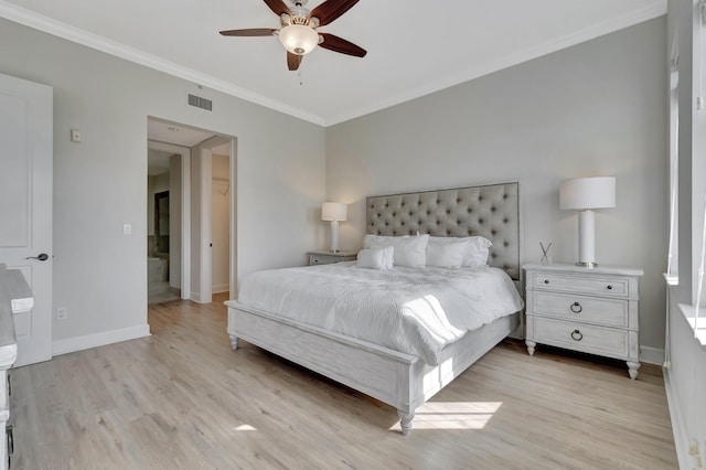 bedroom with ornamental molding, ceiling fan, and light hardwood / wood-style floors