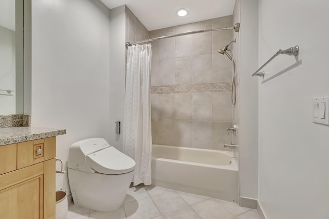 full bathroom with tile patterned flooring, vanity, toilet, and shower / tub combo with curtain