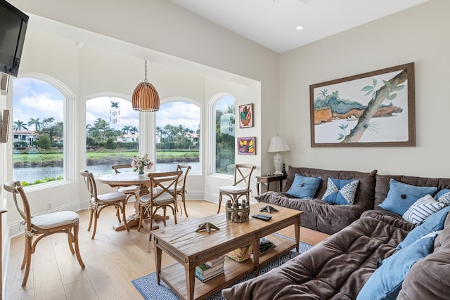 living room with a water view, a healthy amount of sunlight, and light wood-type flooring