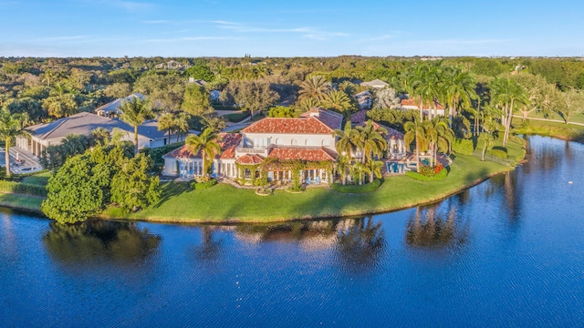 aerial view featuring a water view