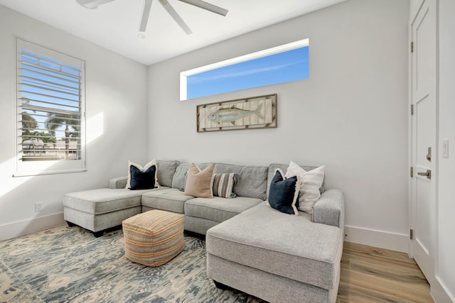 living room with hardwood / wood-style flooring and ceiling fan