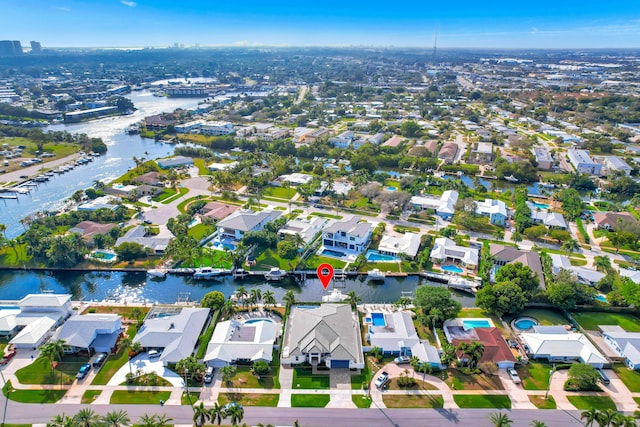 drone / aerial view featuring a water view