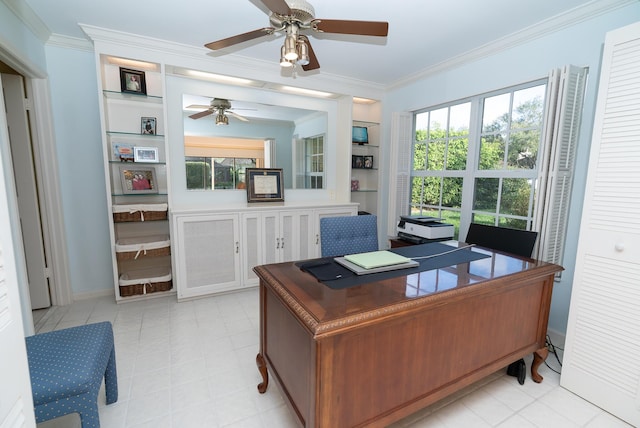 office with ornamental molding, plenty of natural light, and ceiling fan