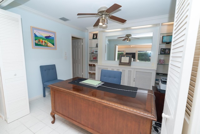 office featuring ornamental molding and ceiling fan