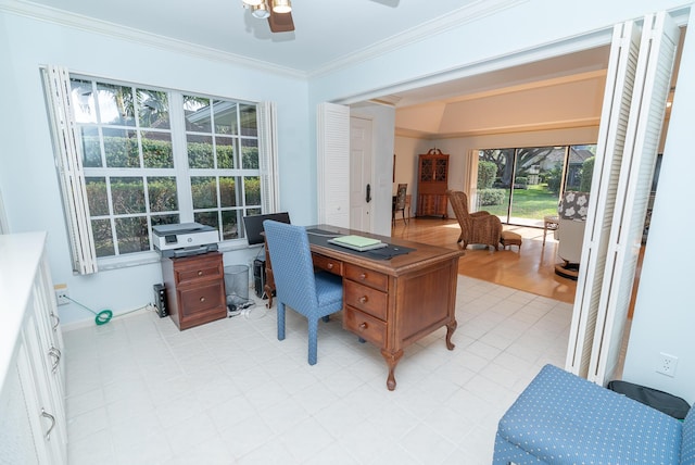 office area with crown molding and ceiling fan