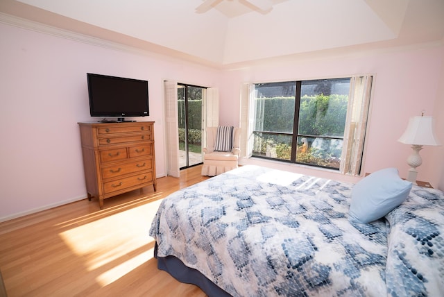 bedroom featuring ornamental molding, hardwood / wood-style floors, access to exterior, and ceiling fan