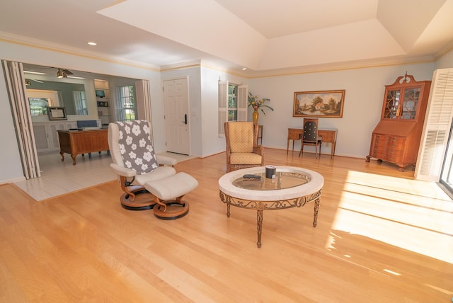 sitting room with crown molding, wood-type flooring, and a raised ceiling