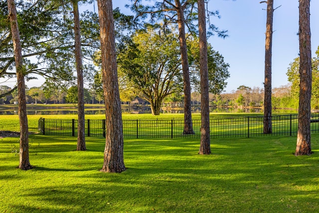 view of home's community with a water view and a lawn