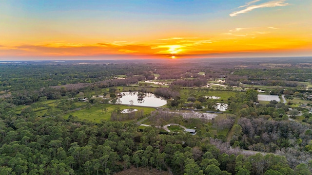 aerial view at dusk featuring a water view