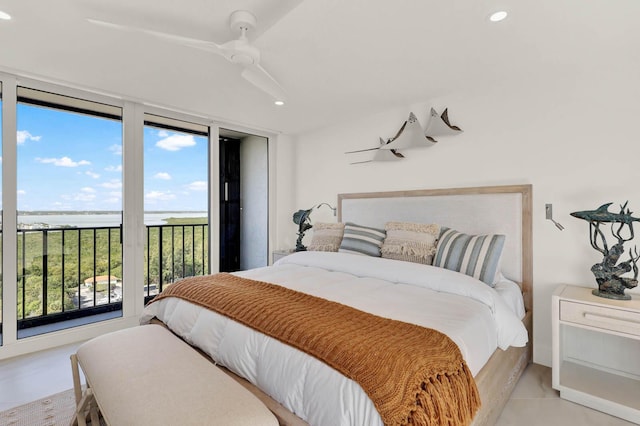 bedroom featuring ceiling fan and access to outside