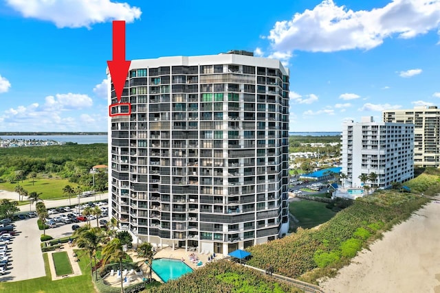 view of building exterior featuring a water view