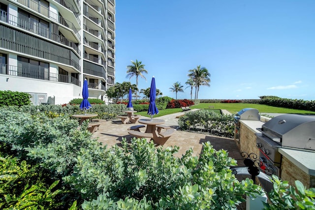 view of community with an outdoor kitchen and a patio