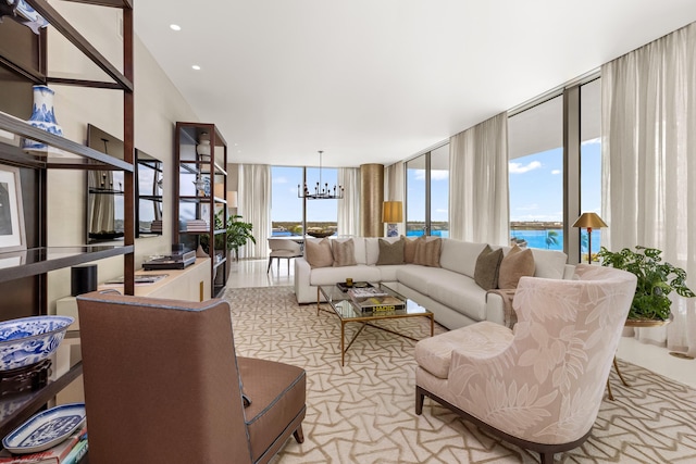 living room featuring a chandelier