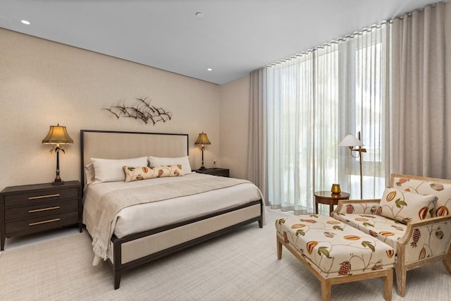 bedroom featuring recessed lighting and light colored carpet