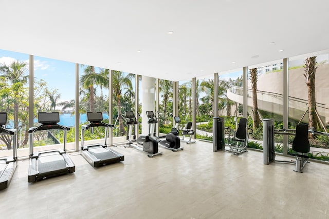 workout area featuring plenty of natural light, expansive windows, and a water view