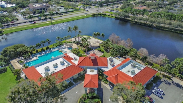 birds eye view of property featuring a water view