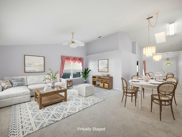 interior space with carpet, lofted ceiling, and ceiling fan