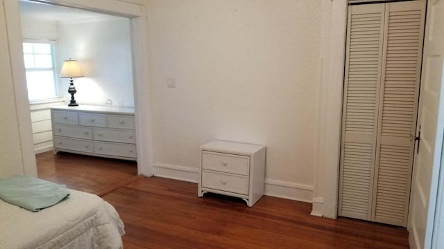 bedroom with dark hardwood / wood-style floors and a closet