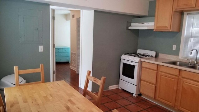 kitchen with white gas range, sink, and electric panel