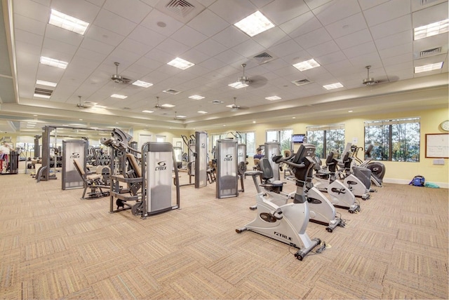 exercise room featuring light carpet, ceiling fan, and a drop ceiling