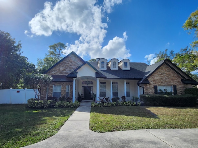 view of front of home with a front yard and a porch