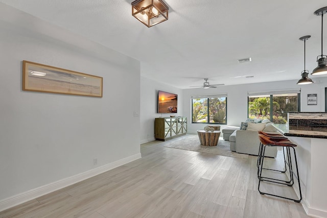 living room with ceiling fan and light hardwood / wood-style floors