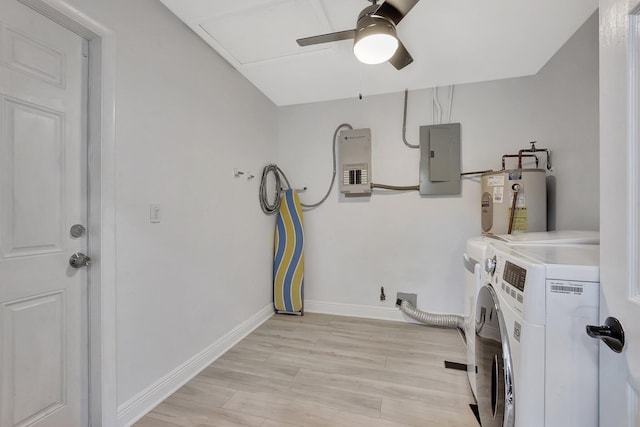 laundry room featuring washer and clothes dryer, electric panel, water heater, and light wood-type flooring