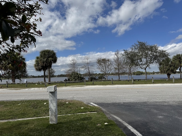 view of street with a water view