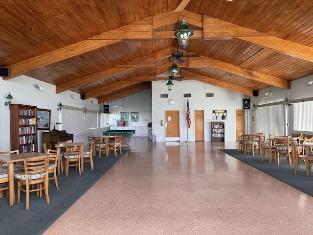 dining area with wood ceiling, high vaulted ceiling, and beamed ceiling