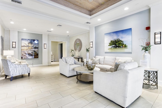 living room with crown molding, wooden ceiling, and a tray ceiling