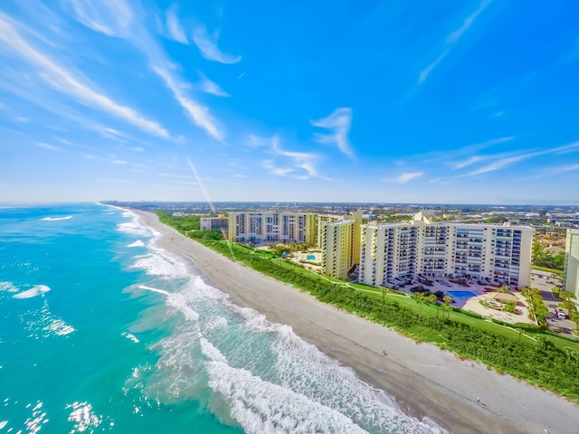 aerial view featuring a beach view and a water view