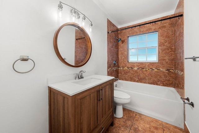 full bathroom with tiled shower / bath, vanity, toilet, and tile patterned flooring