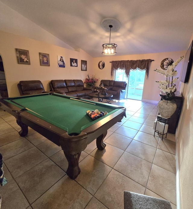 game room with billiards, tile patterned floors, and vaulted ceiling