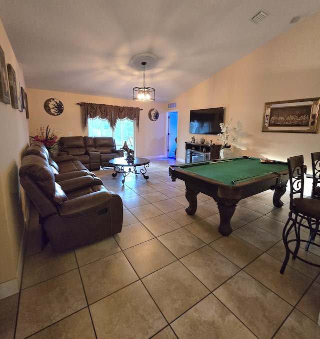 game room featuring vaulted ceiling, pool table, and tile patterned flooring