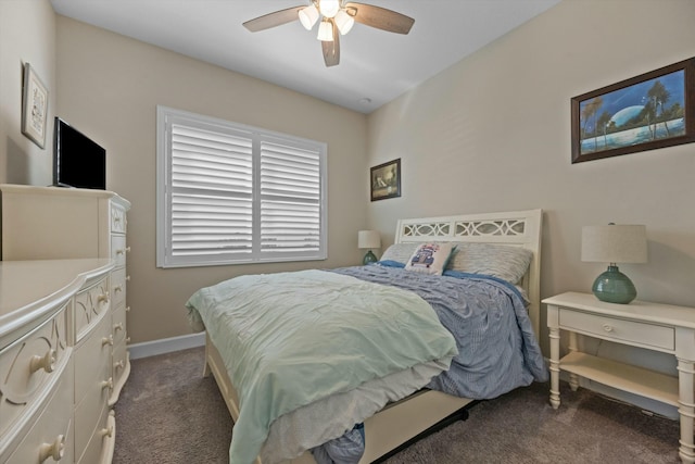 bedroom featuring ceiling fan and dark carpet