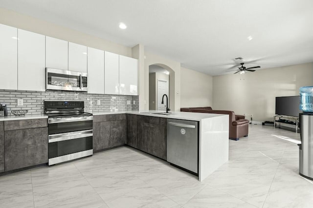 kitchen featuring stainless steel appliances, sink, white cabinets, and kitchen peninsula