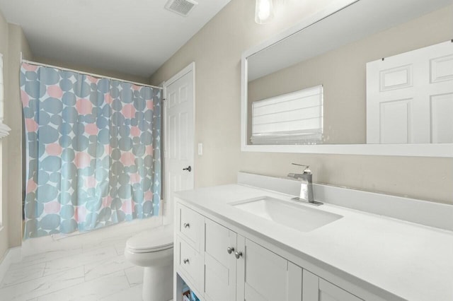 full bathroom with vanity, toilet, and shower / bathtub combination with curtain