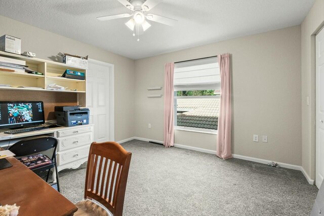 office space featuring ceiling fan, carpet floors, and a textured ceiling