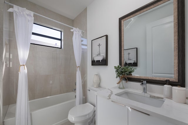 full bathroom with vanity, shower / bath combination with curtain, and toilet