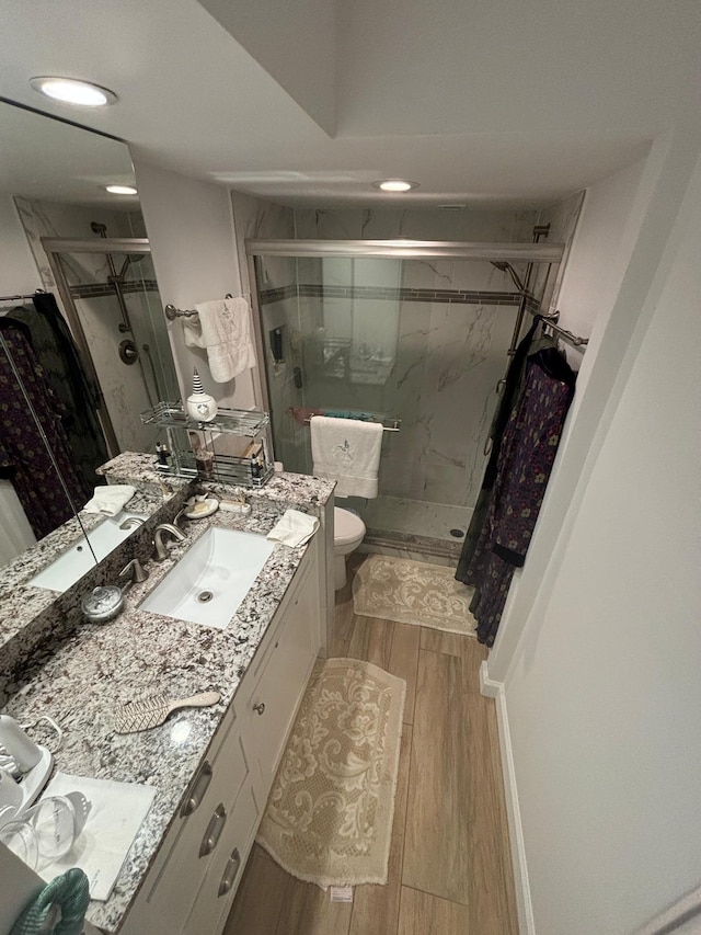 bathroom with walk in shower, vanity, and toilet