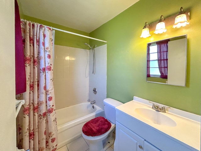 full bathroom with vanity, tile patterned floors, shower / bath combination with curtain, and toilet