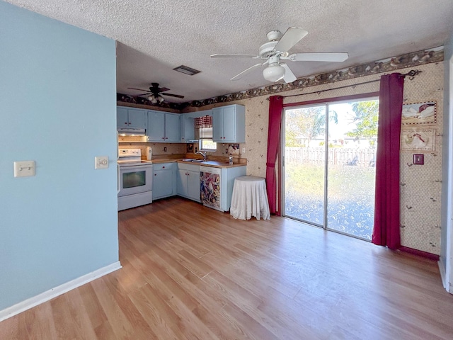 kitchen with white electric range, sink, light hardwood / wood-style floors, plenty of natural light, and a textured ceiling