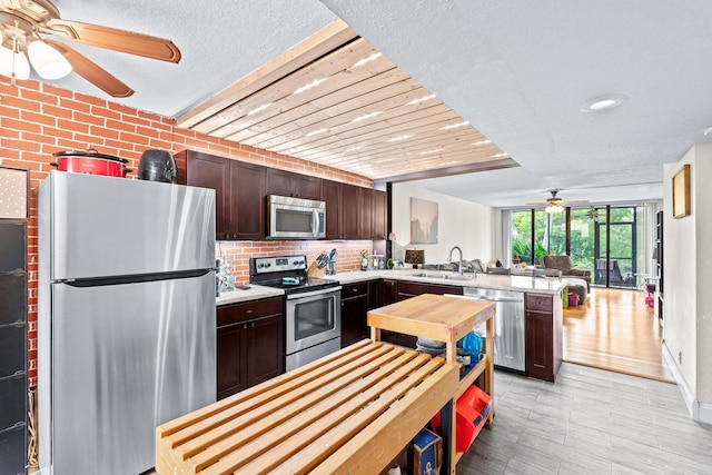 kitchen with sink, light hardwood / wood-style flooring, stainless steel appliances, dark brown cabinetry, and kitchen peninsula